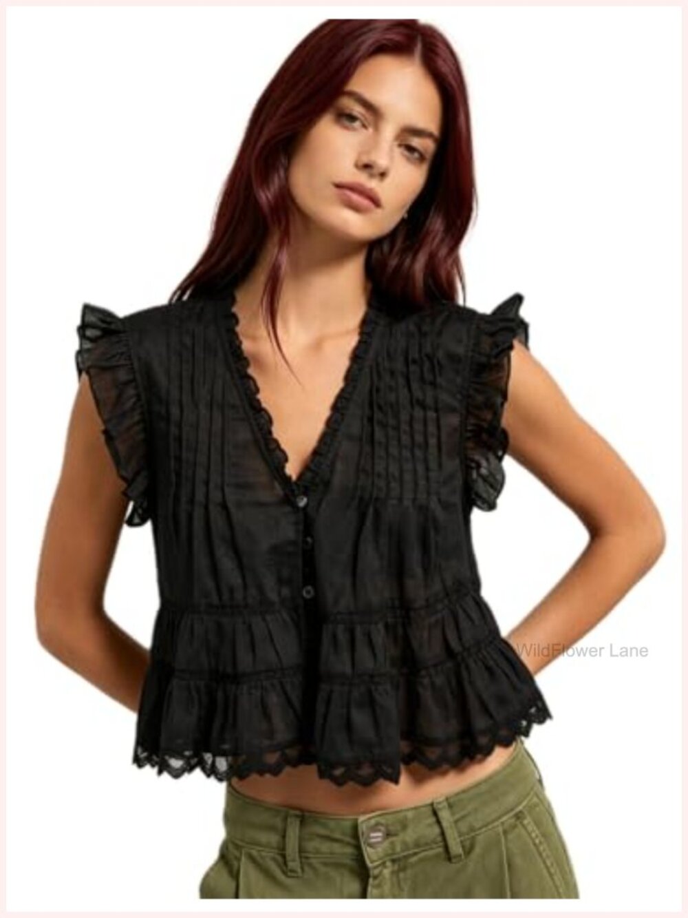 Ruffle V Neck Babydoll Tank Top Lace Peplum Boho Crop Summer